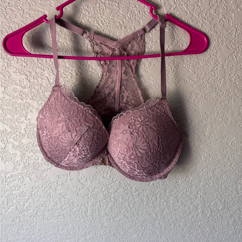 Pink Lace push up Demi coverage racerback with front closure feminine floral 34D